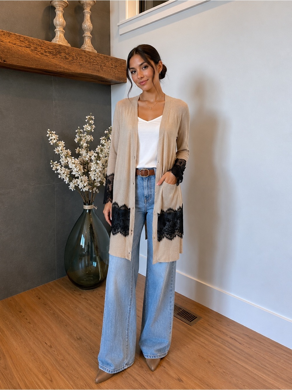 Beige and Black Lace Cardigan